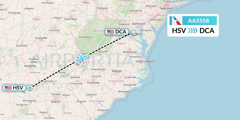 AA5558 American Airlines Flight Map: Huntsville to Washington