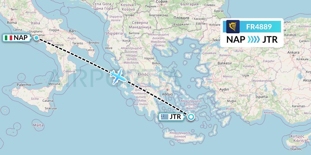 FR4889 Ryanair Flight Map: Naples to Santorini