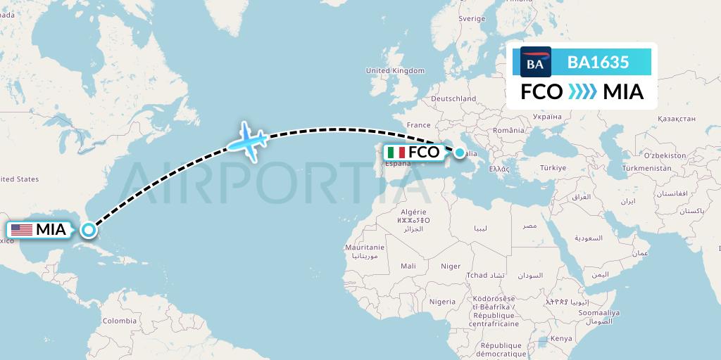 BA1635 British Airways Flight Map: Rome to Miami