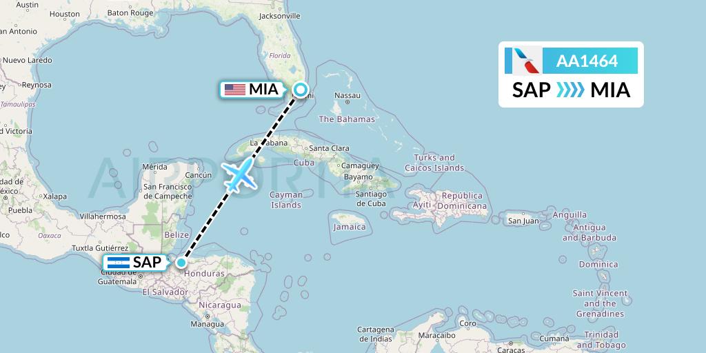 AA1464 American Airlines Flight Map: San Pedro Sula to Miami