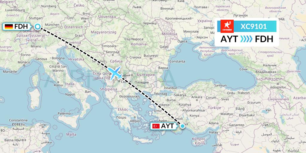 XC9101 Corendon Airlines Flight Map: Antalya to Friedrichshafen