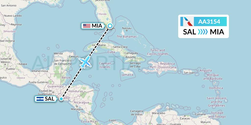 AA3154 American Airlines Flight Map: San Salvador to Miami