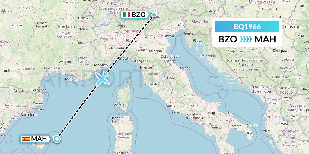 BQ1966 Skyalps Flight Map: Bolzano to Mahon