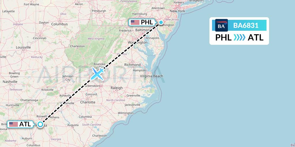 BA6831 British Airways Flight Map: Philadelphia to Atlanta
