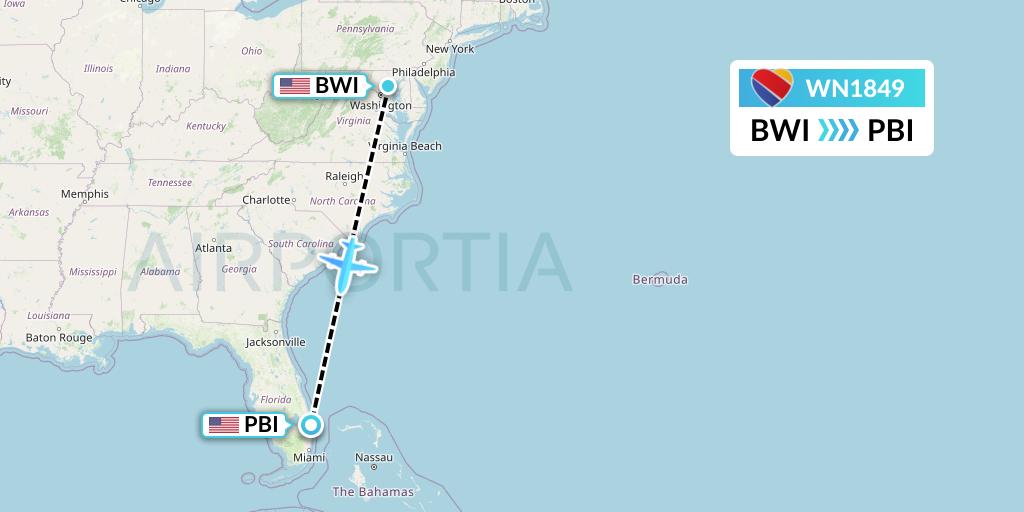 WN1849 Southwest Airlines Flight Map: Baltimore to West Palm Beach