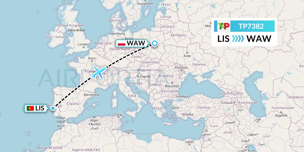 TP7382 TAP Portugal Flight Map: Lisbon to Warsaw