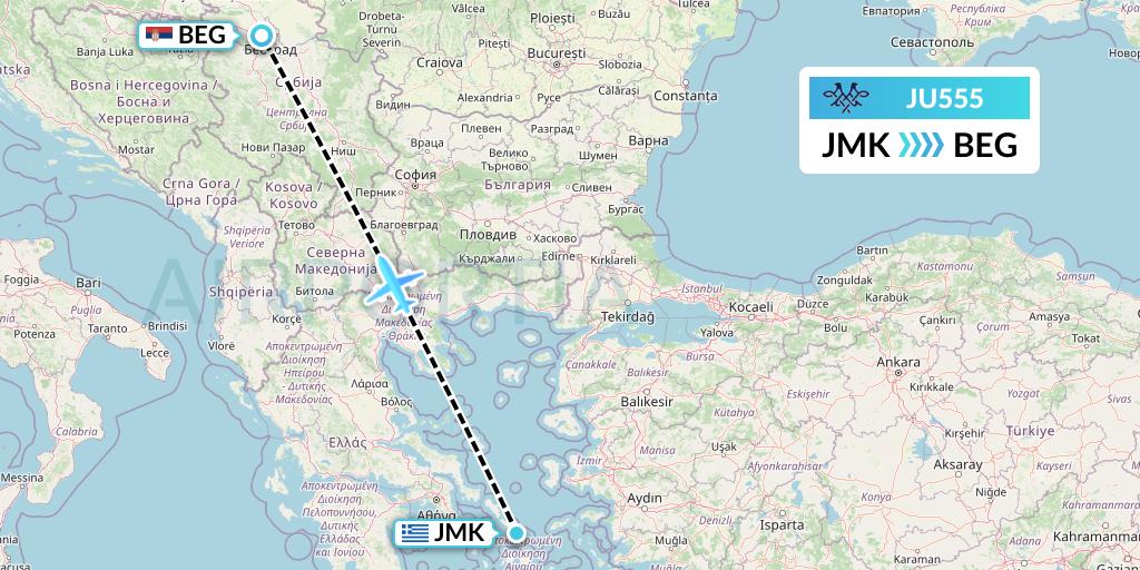 JU555 AirSERBIA Flight Map: Mykonos to Belgrade