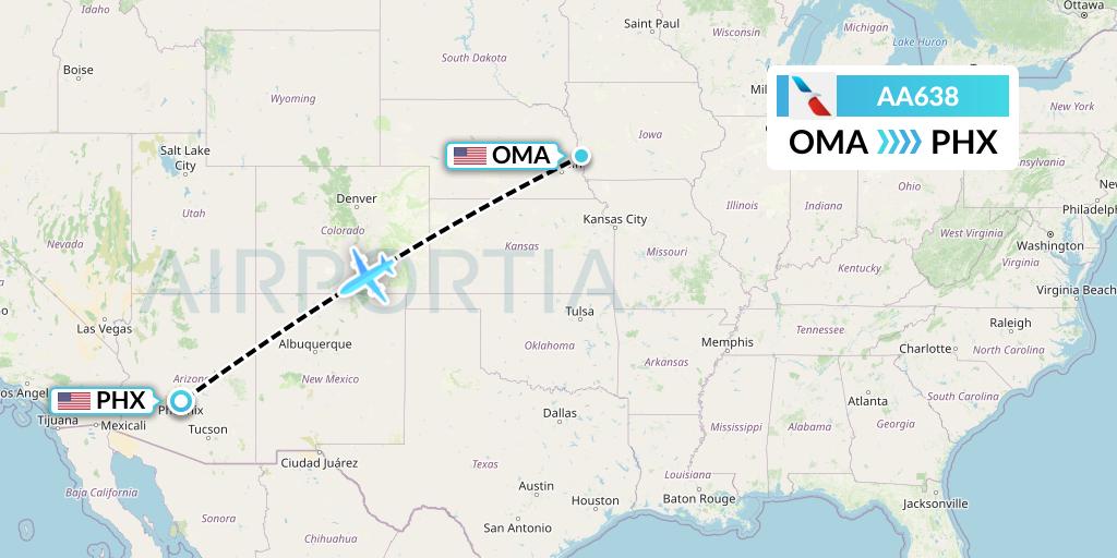 AA638 American Airlines Flight Map: Omaha to Phoenix
