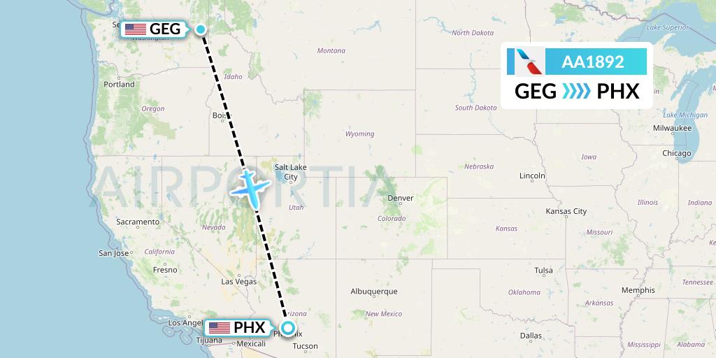AA1892 American Airlines Flight Map: Spokane to Phoenix