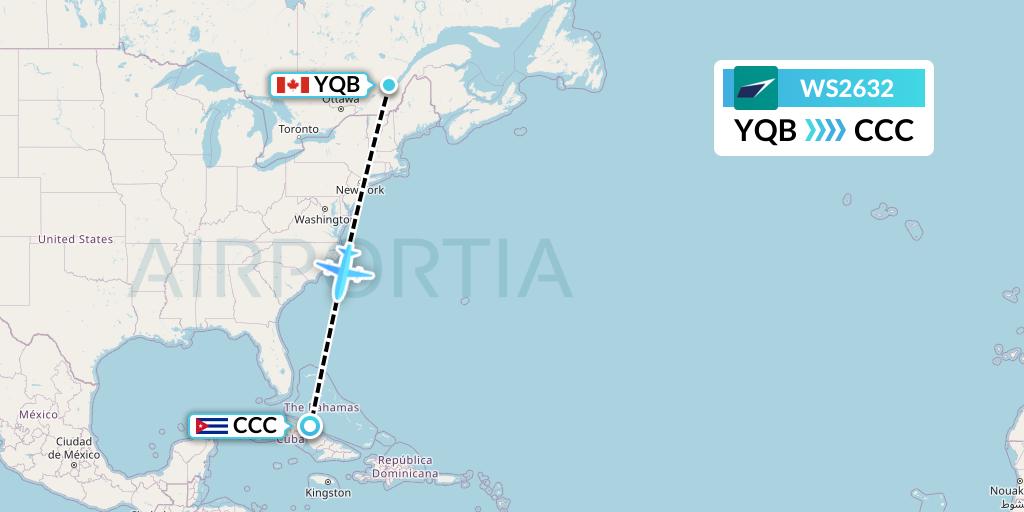 WS2632 WestJet Flight Map: Quebec to Cayo Coco