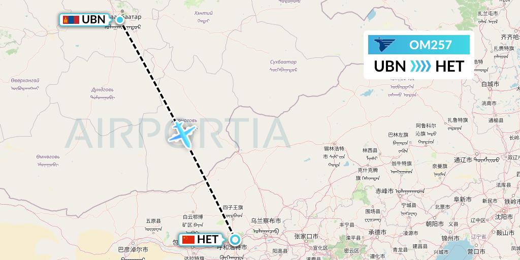 OM257 MIAT Mongolian Airlines Flight Map: Ulan Bator to Hohhot