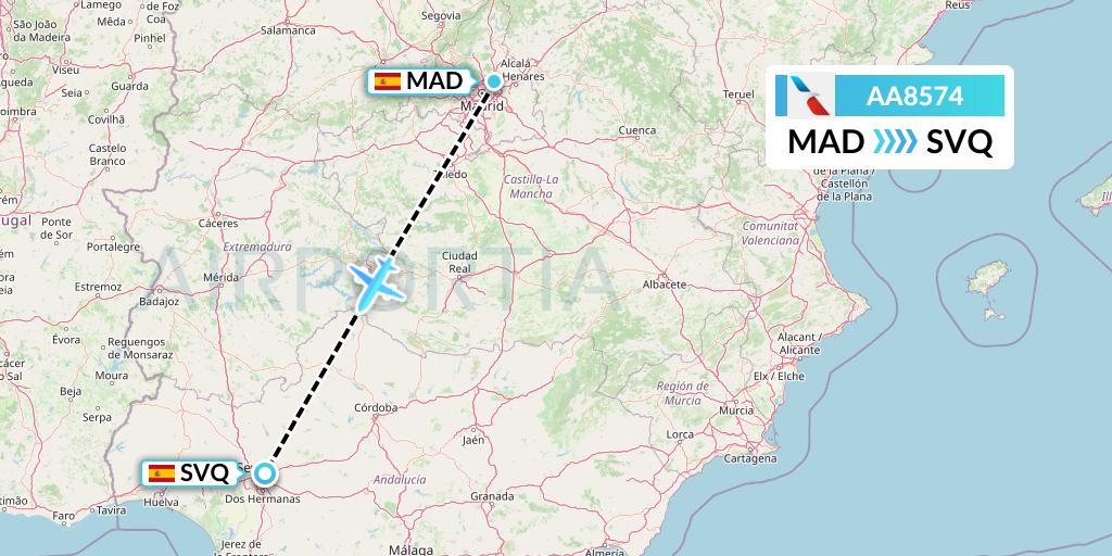 AA8574 American Airlines Flight Map: Madrid to Seville