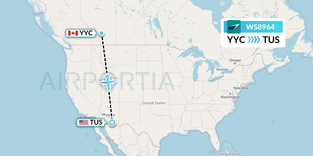 WS8964 WestJet Flight Map: Calgary to Tucson