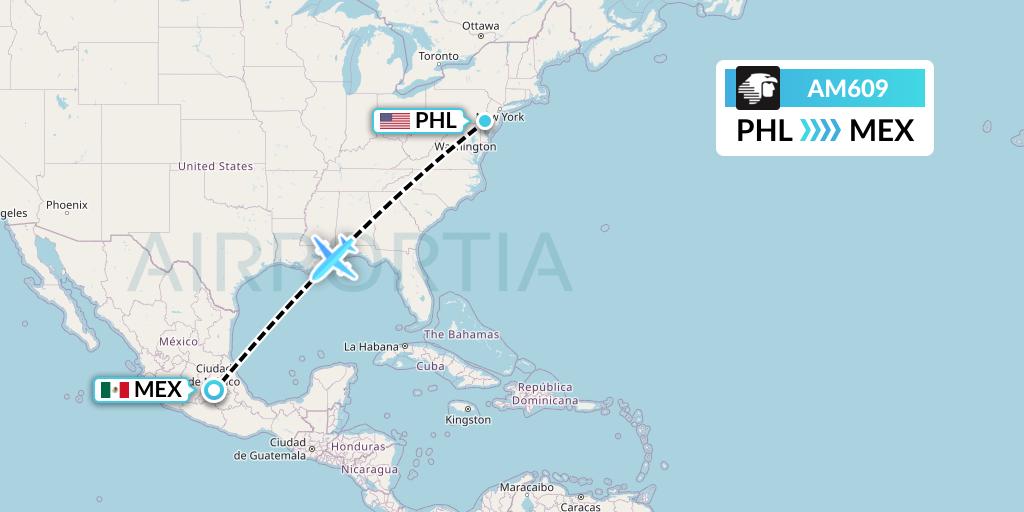 AM609 Aeromexico Flight Map: Philadelphia to Mexico City