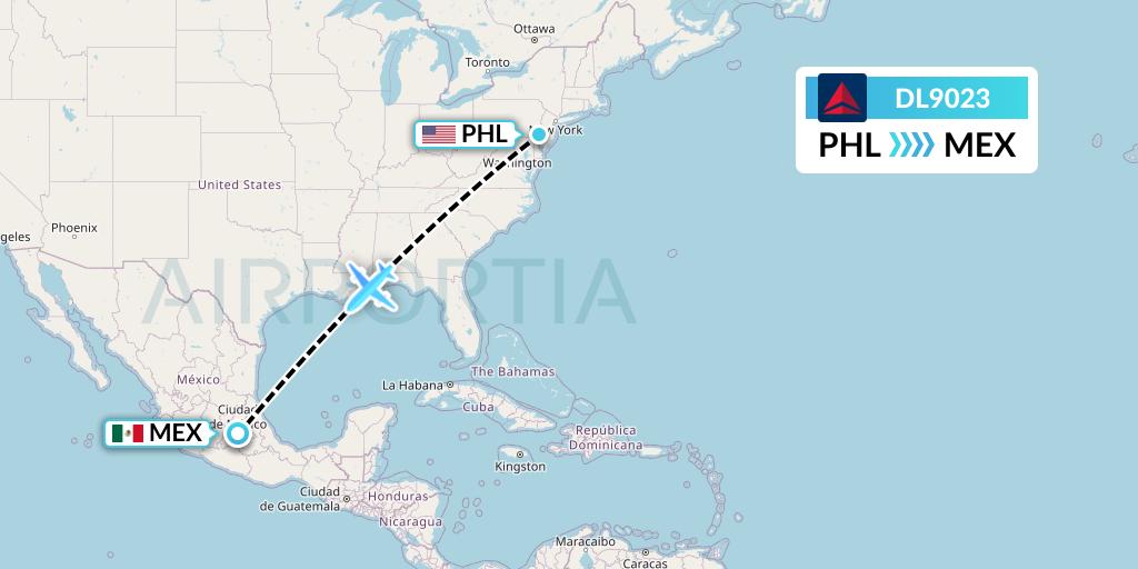 DL9023 Delta Air Lines Flight Map: Philadelphia to Mexico City