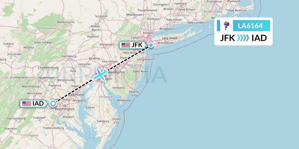 LA6164 LAN Airlines Flight Map: New York to Washington