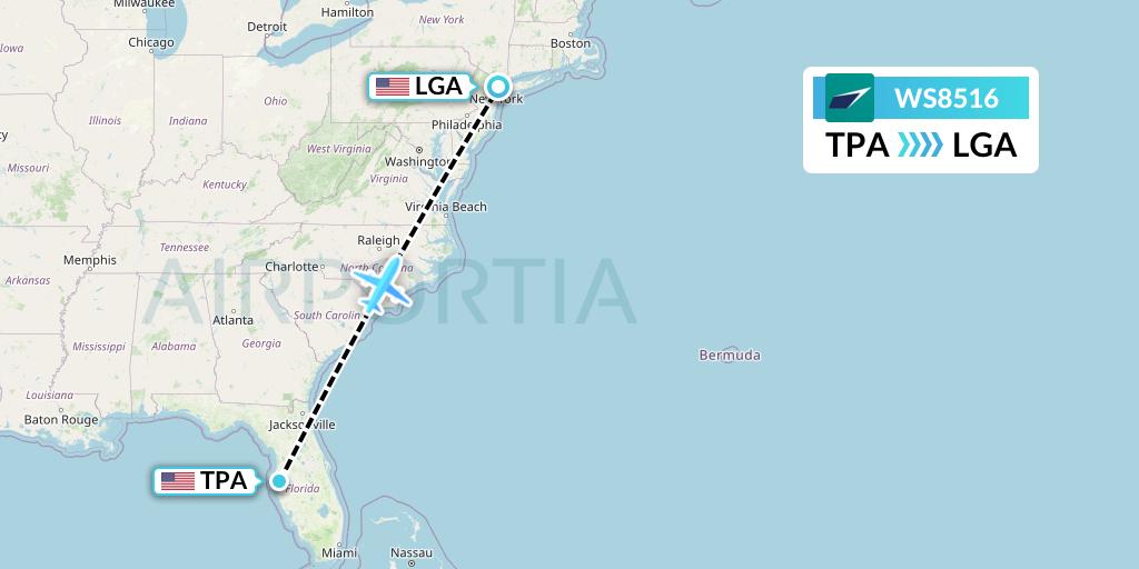 WS8516 WestJet Flight Map: Tampa to New York