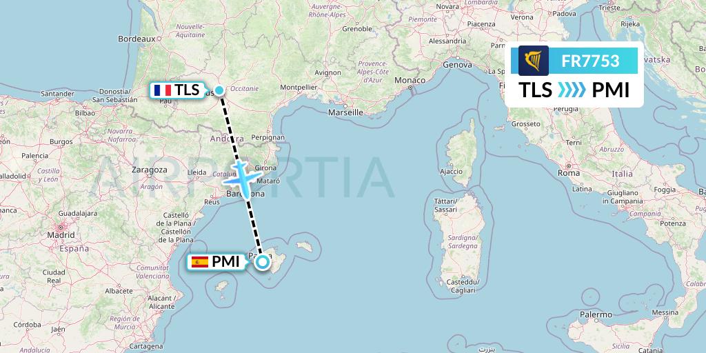 FR7753 Ryanair Flight Map: Toulouse to Palma de Mallorca