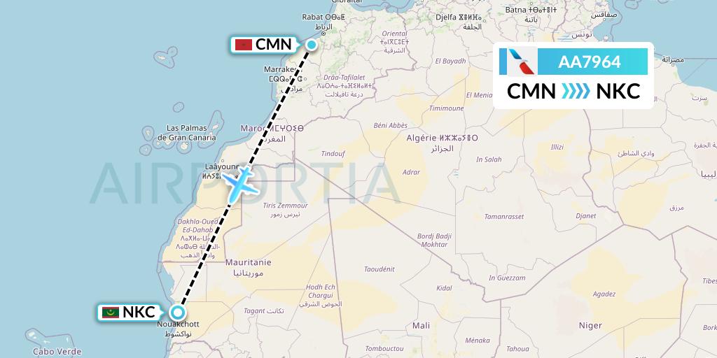 AA7964 American Airlines Flight Map: Casablanca to Nouakchott