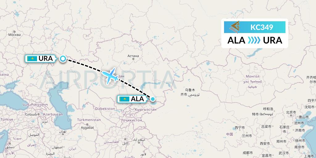 KC349 Air Astana Flight Map: Almaty to Oral
