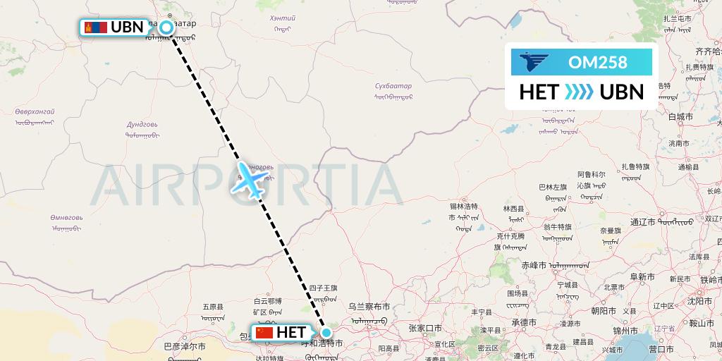 OM258 MIAT Mongolian Airlines Flight Map: Hohhot to Ulan Bator