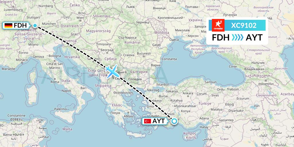 XC9102 Corendon Airlines Flight Map: Friedrichshafen to Antalya