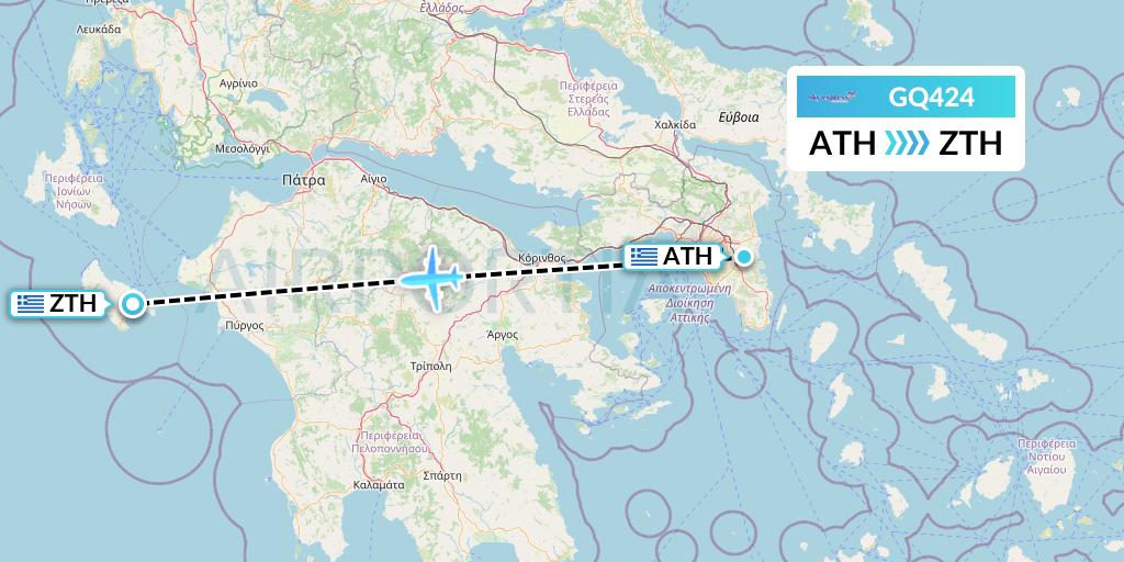 GQ424 Sky Express (Greece) Flight Map: Athens to Zakynthos