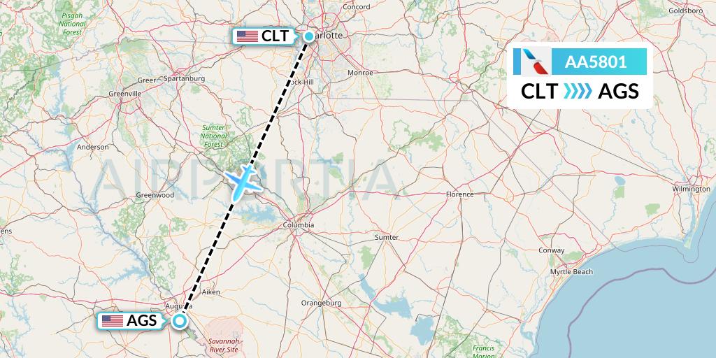 AA5801 American Airlines Flight Map: Charlotte to Augusta