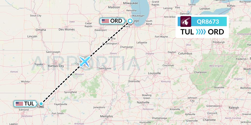 QR8673 Qatar Airways Flight Map: Tulsa to Chicago