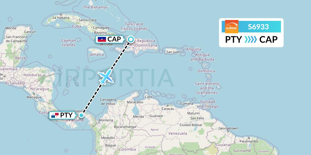 S6933 Sunrise Airways Flight Map: Panama City to Cap-Haitien