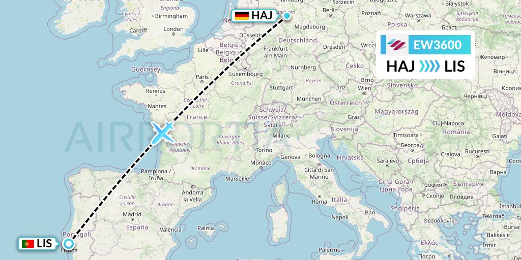 EW3600 Eurowings Flight Map: Hannover to Lisbon