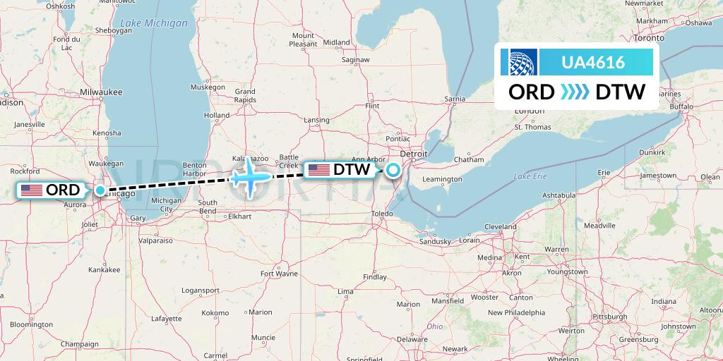 UA4616 United Airlines Flight Map: Chicago to Detroit