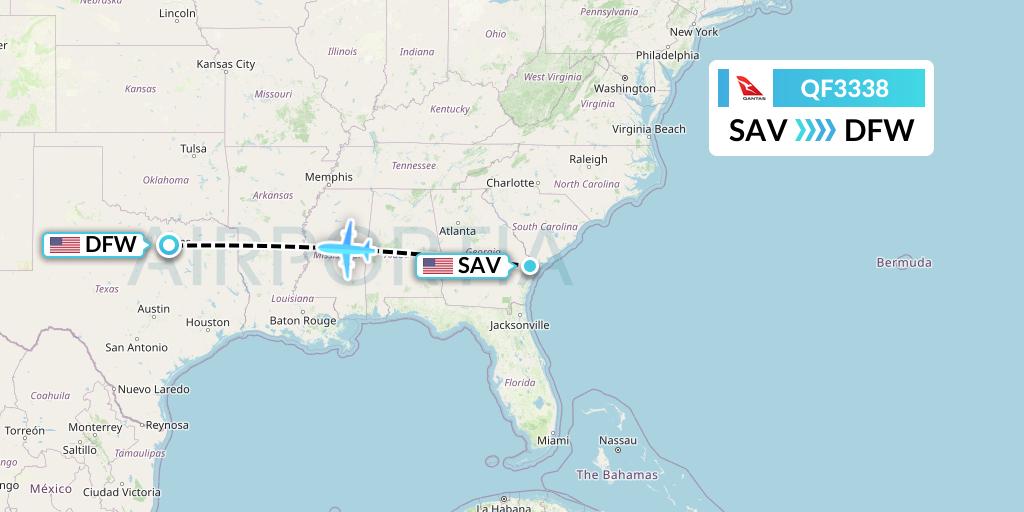 QF3338 Qantas Flight Map: Savannah to Dallas