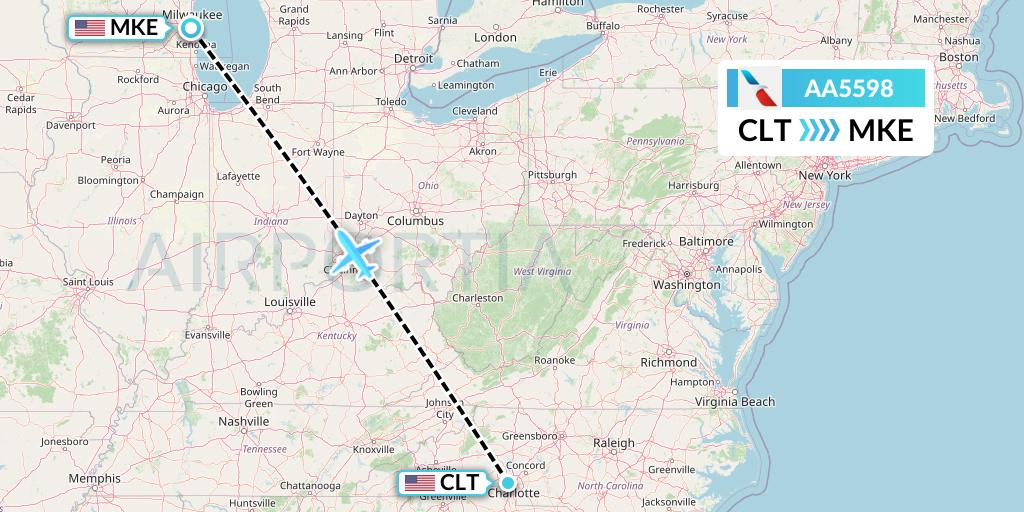 AA5598 American Airlines Flight Map: Charlotte to Milwaukee
