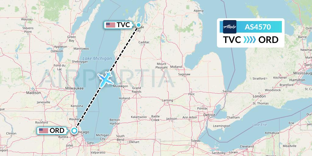 AS4570 Alaska Airlines Flight Map: Traverse City to Chicago