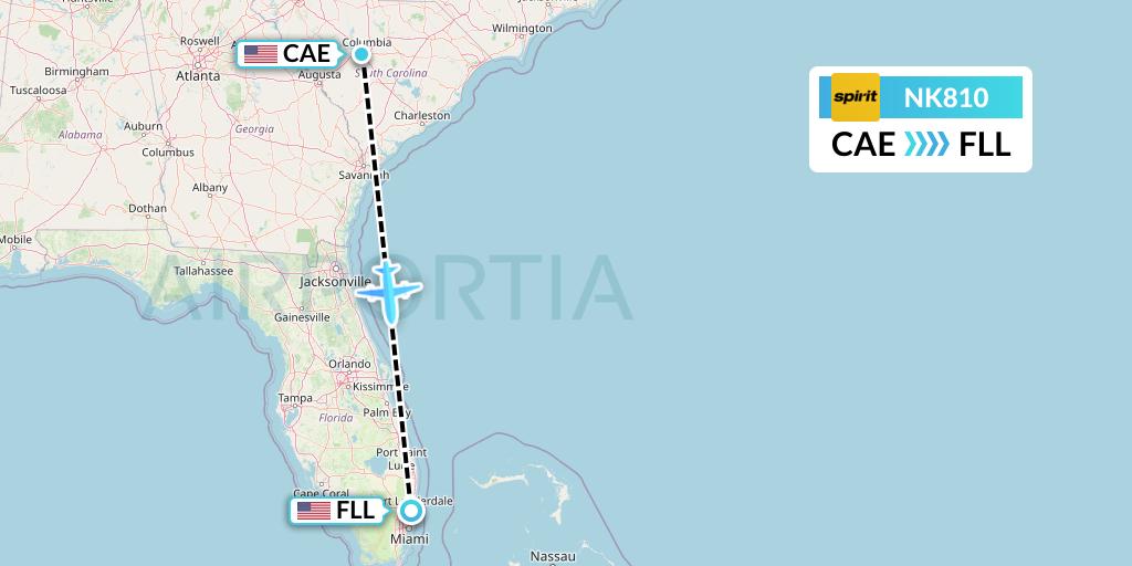 NK810 Spirit Airlines Flight Map: Columbia to Fort Lauderdale