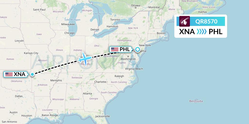 QR8570 Qatar Airways Flight Map: Bentonville to Philadelphia