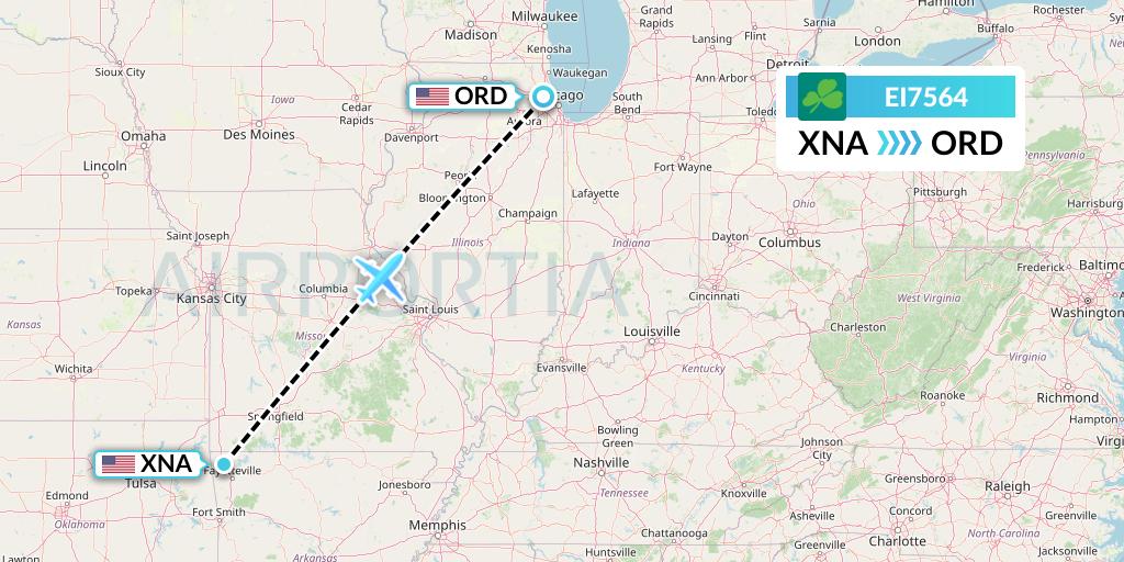 EI7564 Aer Lingus Flight Map: Bentonville to Chicago