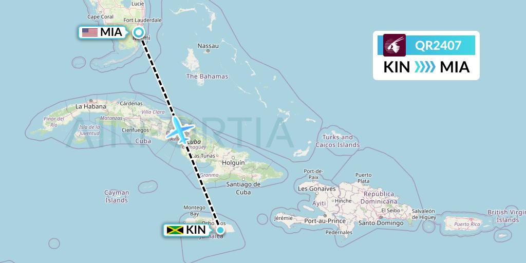 QR2407 Qatar Airways Flight Map: Kingston to Miami