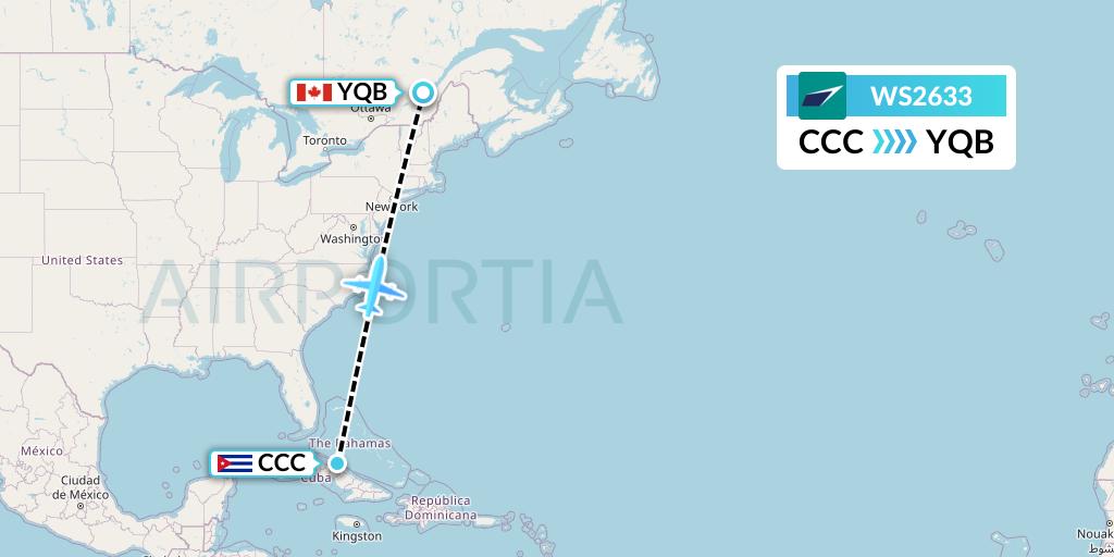 WS2633 WestJet Flight Map: Cayo Coco to Quebec