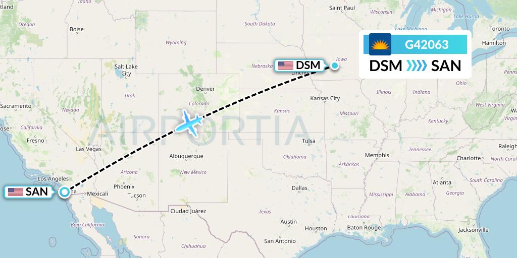 G42063 Allegiant Air Flight Map: Des Moines to San Diego
