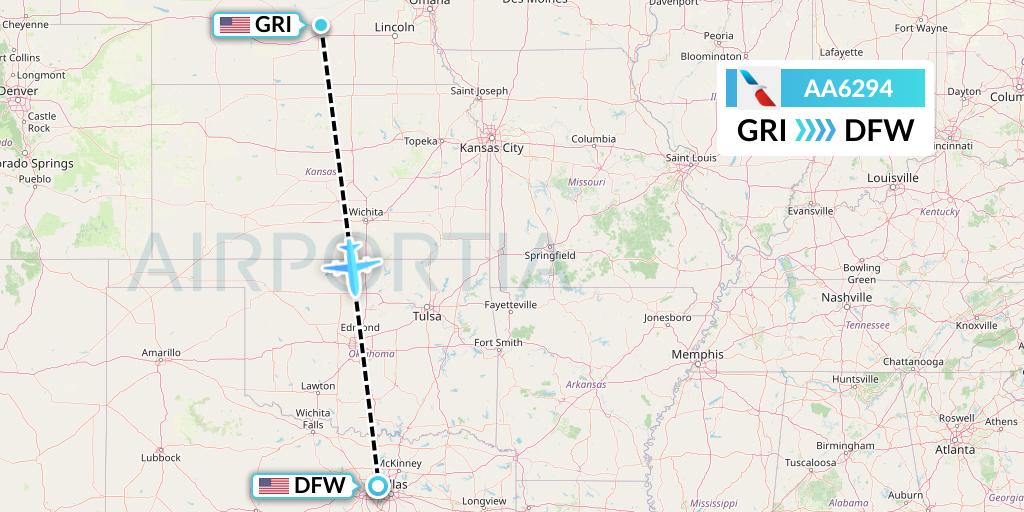 AA6294 American Airlines Flight Map: Grand Island to Dallas