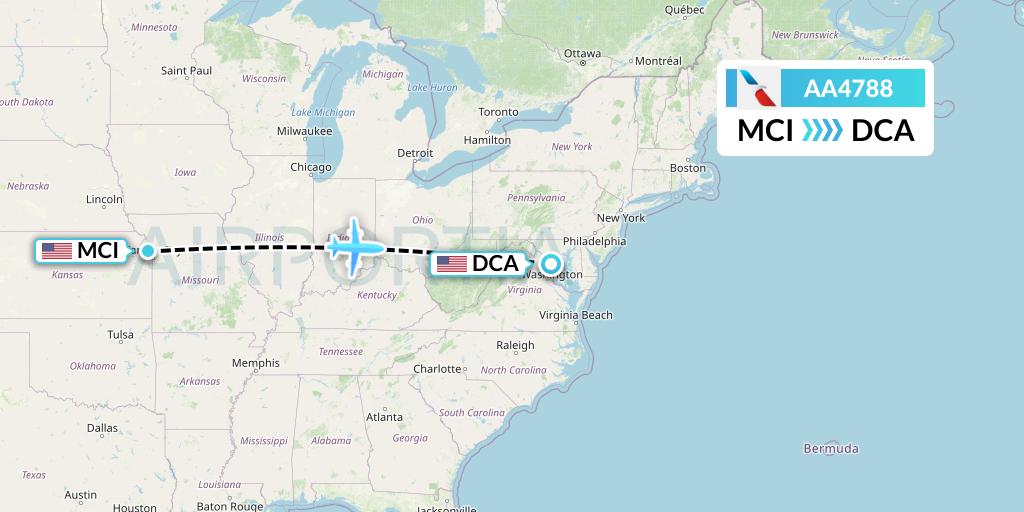 AA4788 American Airlines Flight Map: Kansas City to Washington