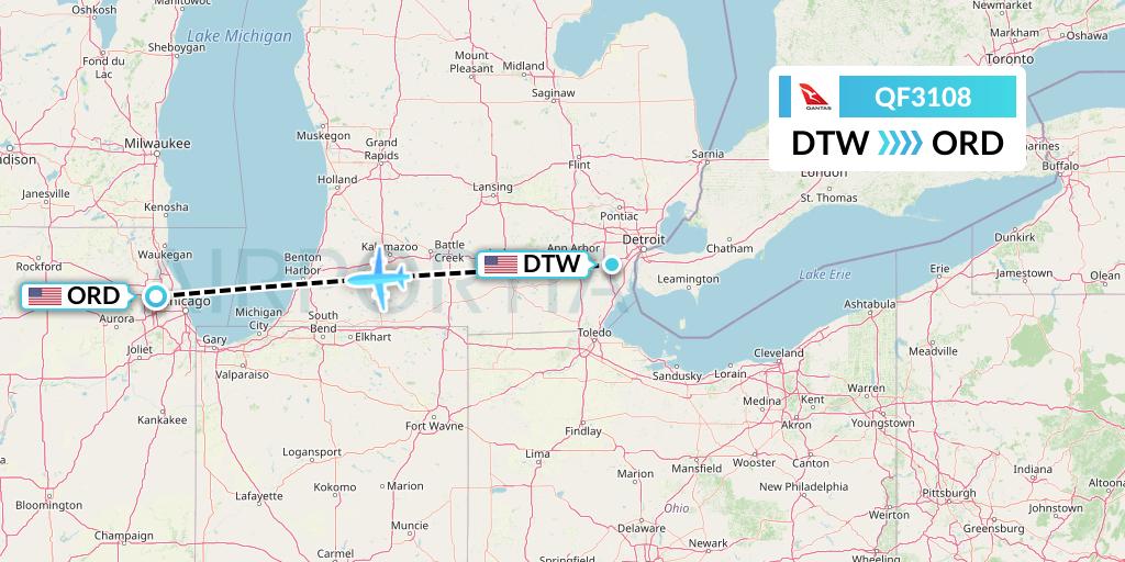 QF3108 Qantas Flight Map: Detroit to Chicago