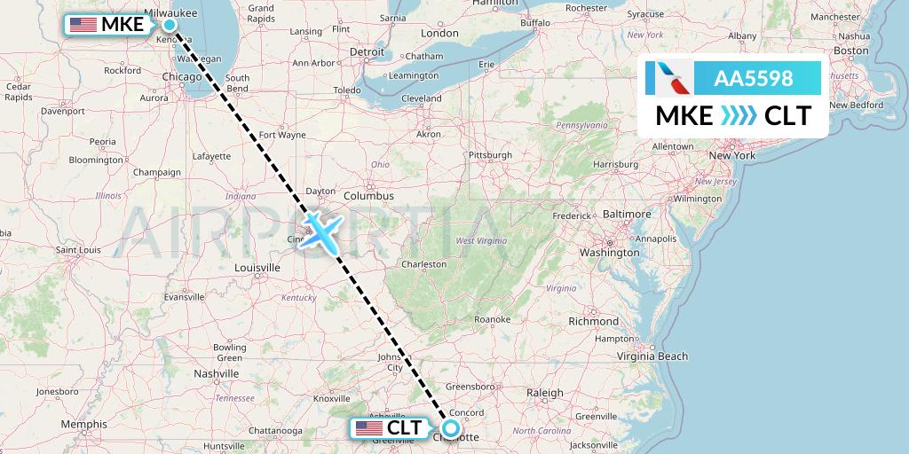 AA5598 American Airlines Flight Map: Milwaukee to Charlotte