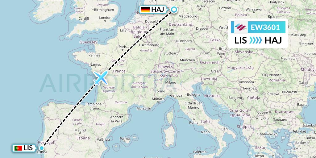 EW3601 Eurowings Flight Map: Lisbon to Hannover