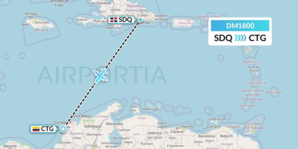 DM1800 Arajet Flight Map: Santo Domingo to Cartagena