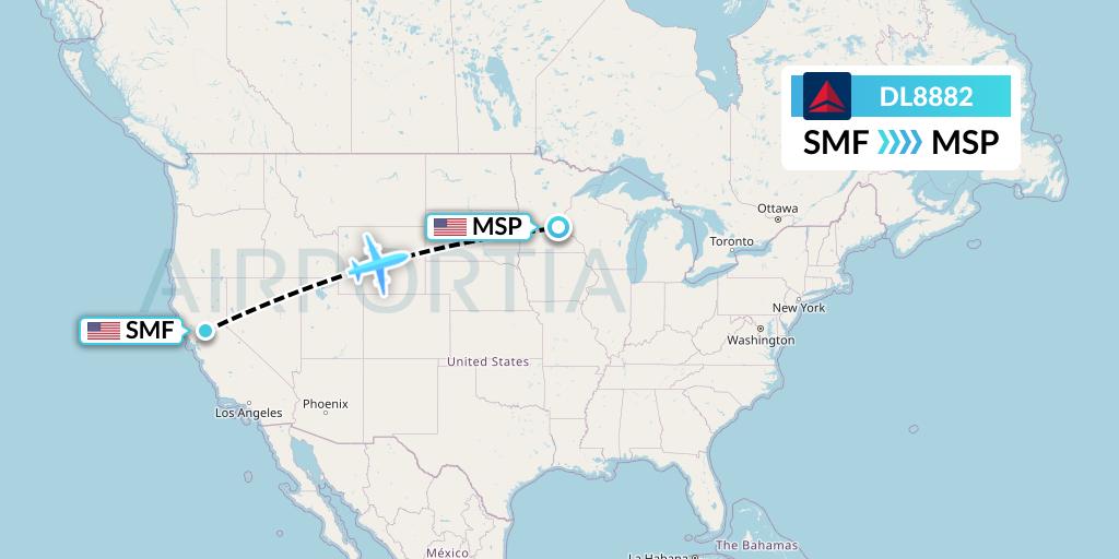 DL8882 Delta Air Lines Flight Map: Sacramento to Minneapolis