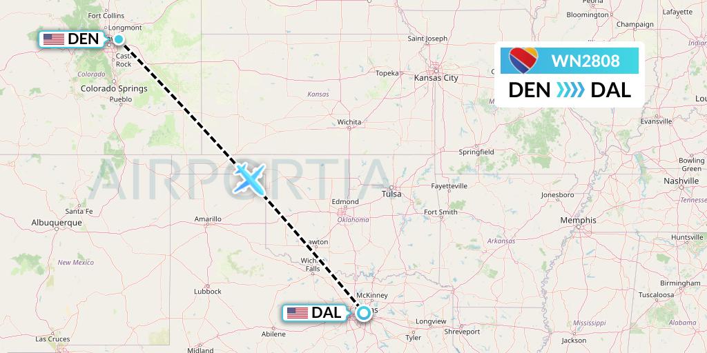 WN2808 Southwest Airlines Flight Map: Denver to Dallas