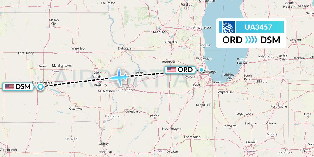 UA3457 United Airlines Flight Map: Chicago to Des Moines